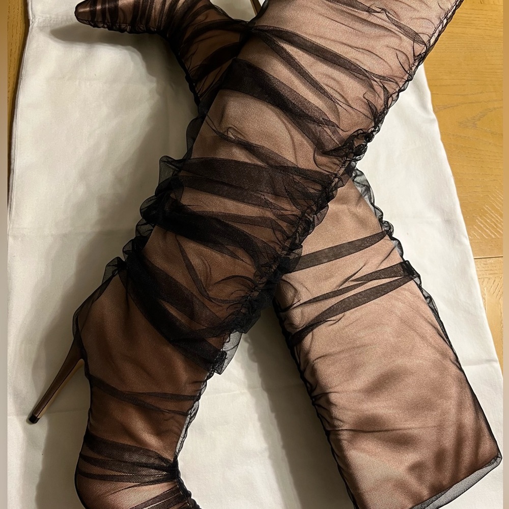 Jimmy Choo x Off-White nude satin boots with black tulle overlay